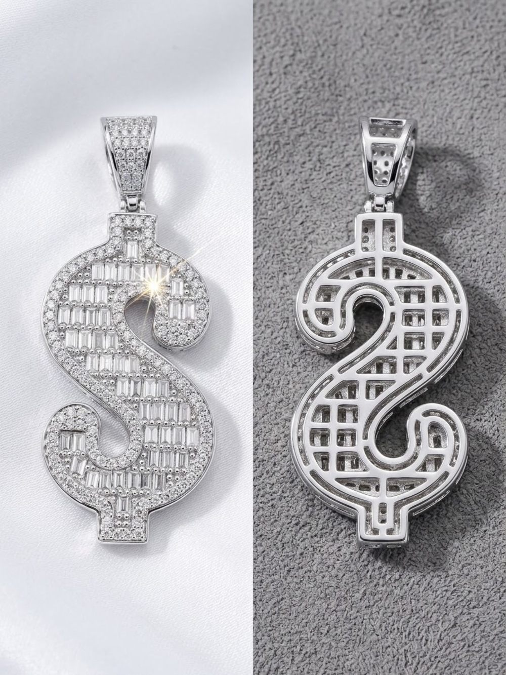 Silver Dollar Sign Pendant Stainless Steel Sparkling Silver Tone 7.5mm Bale 2".